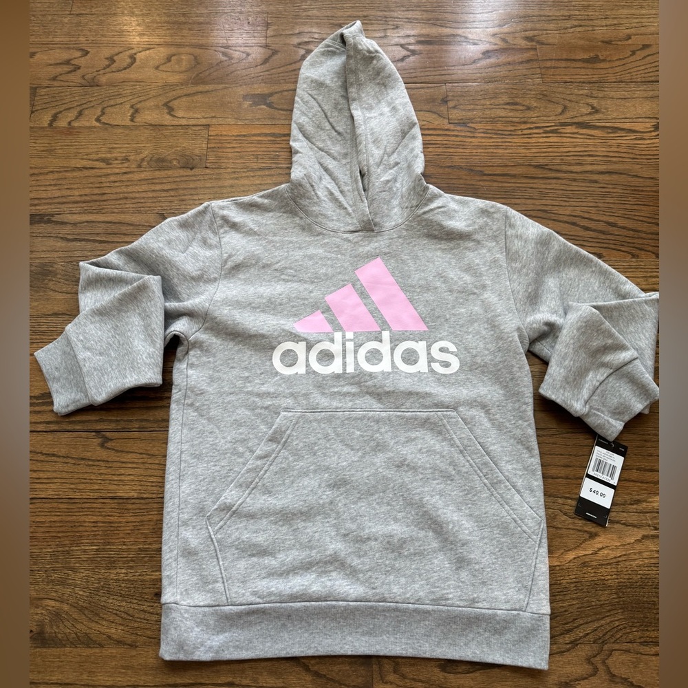 adidas Kids' Essential Logo Hoodie, large, grey/pink—NWT